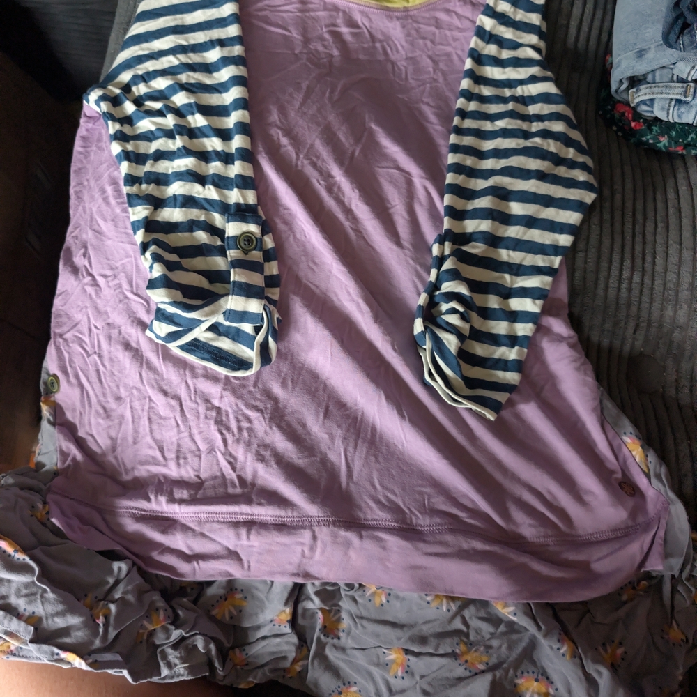 Matilda Jane Lavender Top with Navy & White Striped Sleeves